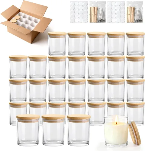 Vista 17 de Tarros de vela de vidrio de 4 onzas, paquete de 12 tarros pequeños para hacer velas, tarros vacíos de vidrio grueso de boca ancha con tapas de bambú