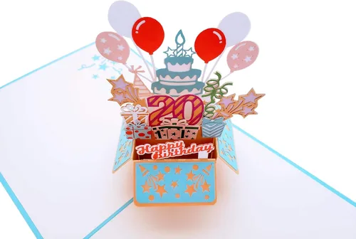 Vista 3 de iGifts And Cards Tarjeta desplegable 3D de 20 cumpleaños – Caja de fiesta azul de moda sorpresa con globos, regalos y vibraciones de celebración