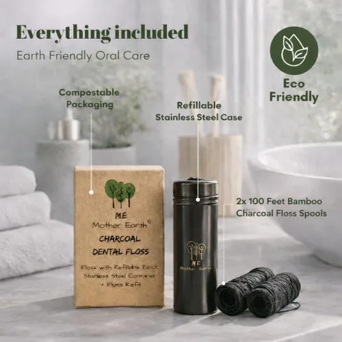 Vista 2 de Hilo dental de carbón de bambú biodegradable vegano con recipiente de acero inoxidable negro recargable, 98.4 ft x 2 pulgadas, hilo dental extra