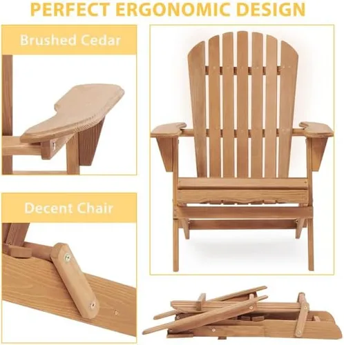 Vista 5 de Set of 2 Folding Wooden Adirondack Chairs – Solid Cedar Wood Outdoor Lounge Chairs with Embossed Grain, Foldable Garden Patio Seating with Wide