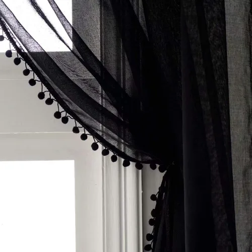 Vista 18 de MISS SELECTEX Cortinas semitransparentes con aspecto de lino y borlas de pompones - Cortinas de gasa semitransparentes con bolsillo para varilla