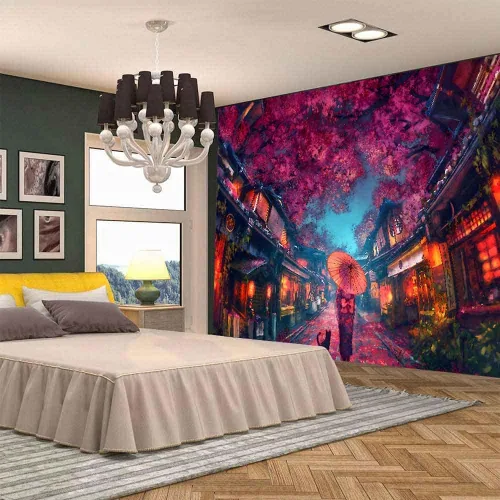 Vista 3 de Aidatain Tapiz de anime japonés antiguo japonés de paisaje de calle nocturna, tapiz de farol de flor de cerezo, tapiz grande de 80 x 60 pulgadas