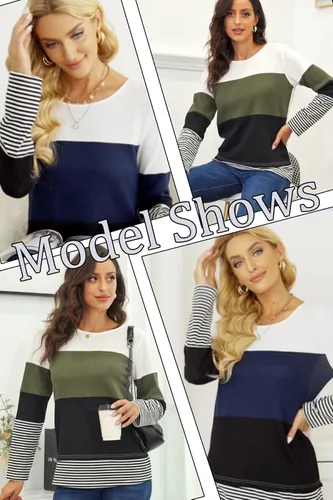Vista 5 de Camisa de manga larga para mujer, suéteres de moda para otoño de 2024, cuello redondo, camisetas de bloque de color a la moda