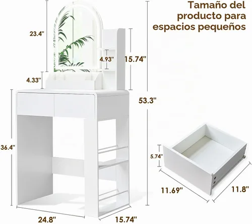 Vista 2 de Escritorio pequeño de maquillaje con espejo y luces, color blanco