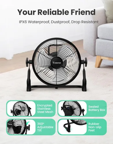 Vista 6 de Ventilador de suelo portátil de 10 pulgadas, funciona con pilas, ventilador recargable inalámbrico, ventilador inalámbrico de alta velocidad, carga