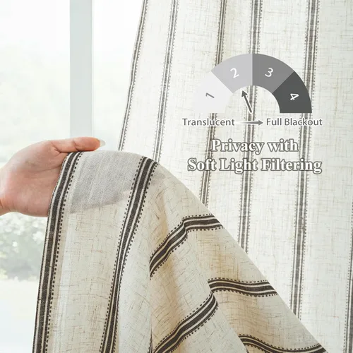 Vista 3 de DriftAway Cortinas de estilo granja con rayas verticales de lino mezclado texturizado con filtro de luz semitransparente para sala de estar