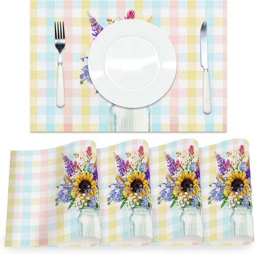 Vista 13 de AOFOTO Juego de 4 manteles individuales con estampado de flores silvestres coloridas, manteles individuales artísticos rectangulares modernos