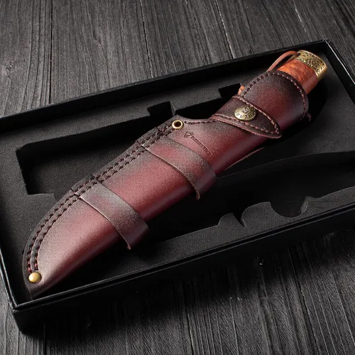 Vista 9 de DRACHENADER Cuchillo de caza de hoja fija con funda de cuero horizontal YU-LN, cuchillo de bushcraft de 10.63 pulgadas para hombres con mango