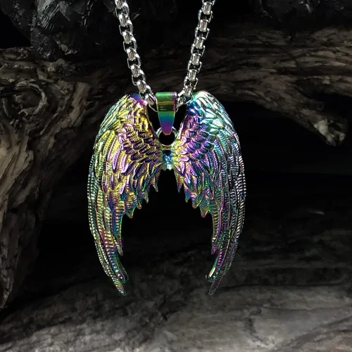Vista 7 de bahamut Collar colorido de alas de ángel de la guarda para mujeres, hombres y mujeres, cadena colgante de acero inoxidable, amuleto de protección