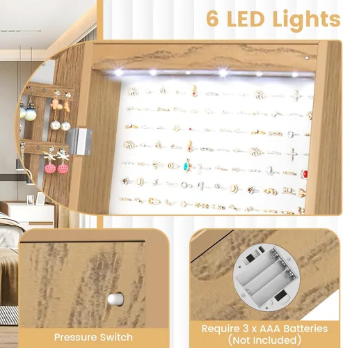 Vista 4 de GOFLAME Armario de joyería con espejo de longitud completa, armario de joyería con cerradura independiente con 6 luces LED, organizador