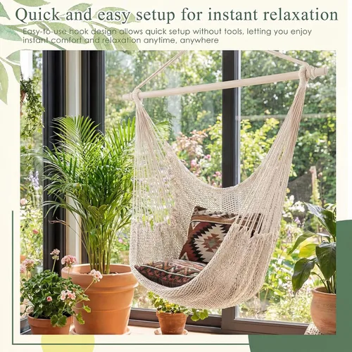 Vista 5 de Barydat - 2 sillas colgantes tipo hamaca estilo bohemio, para exteriores e interiores, cómoda cuerda de algodón suave con barras de metal Beige