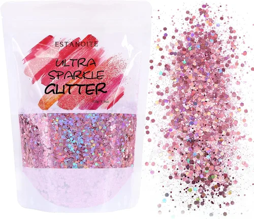 Vista 17 de Purpurina gruesa iridiscente, 3.53 onzas, purpurina para manualidades para artes y manualidades, purpurina mixta gruesa cosmética, purpurina Rosa
