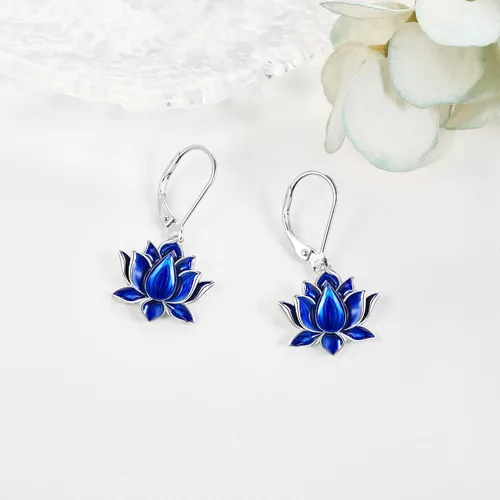 Vista 4 de Aretes de flor de loto, plata de ley, flor de loto azul, aretes colgantes con cierre de palanca, joyería de flor de loto, regalo para mujeres y niñas