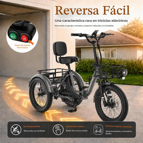 Vista 4 de MOONCOOL Triciclo eléctrico para adultos, E-Trike plegable con modo inverso Gris