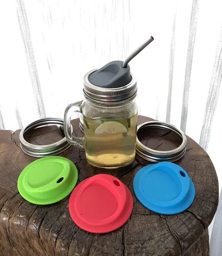 Vista 5 de Kit de tapa reutilizable de silicona de grado alimenticio y sin BPA para beber jugo de café con anillos de acero inoxidable para mason, bolas