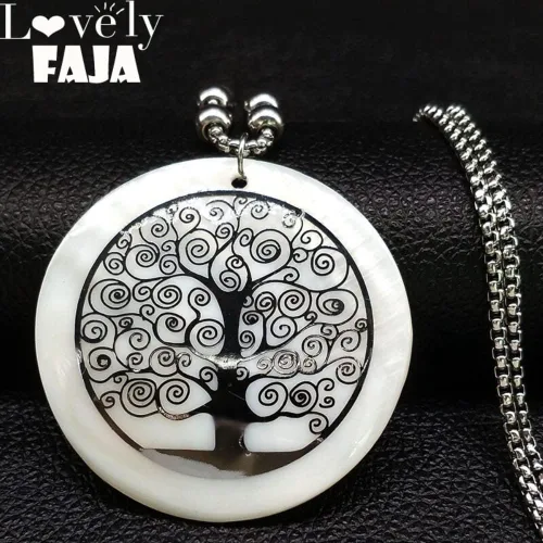 Vista 3 de 2023 Tree Of Life Shell Stainless Steel Necklaces Women Silver Color Long Necklaces Pendants Jewelry Bisuteria Mujer