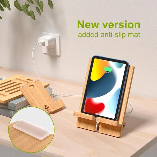 Vista 4 de Pezin & Hulin Soporte ajustable de bambú para tableta, soporte para teléfono celular de escritorio compatible con Pad Air/Pro/Mini, lector