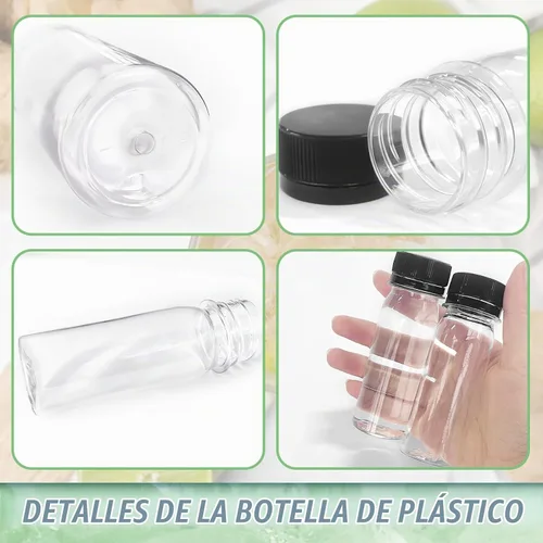 Vista 3 de Xuyyicao 30 Piezas Botellas Pequeñas de Plástico de 2 Oz para Líquidos, Botella para Shot de Jengibre con Tapas, Recipientes de Bebidas Negro