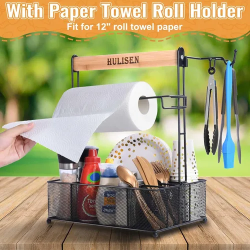 Vista 5 de HULISEN Organizador de parrilla para parrilla al aire libre, organizador de barbacoa con soporte para toallas de papel para platos, cubiertos