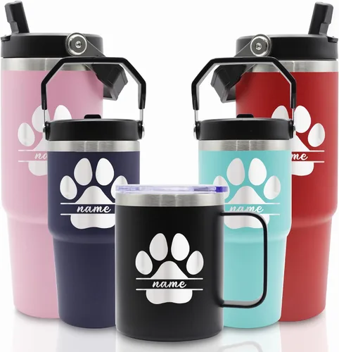 Vista 15 de Vasos de acero inoxidable grabados personalizados con nombres, tazas aisladas personalizadas con asa, taza de café de viaje, regalos para ella/él