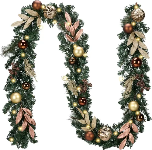 Vista 15 de Valery Madelyn - Guirnalda de Navidad de 1,8 m, preiluminada, con luces, para manto, guirnalda navideña iluminada para exteriores, con bolas