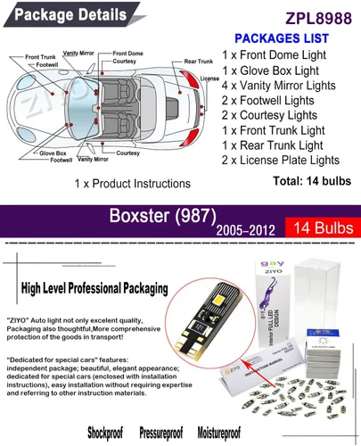 Vista 2 de ZIYO - Kit de luces LED para interior Porsche Boxster 987 2005-2012, paquete de repuesto de bombillas de cúpula de 6000 K, luces LED blancas