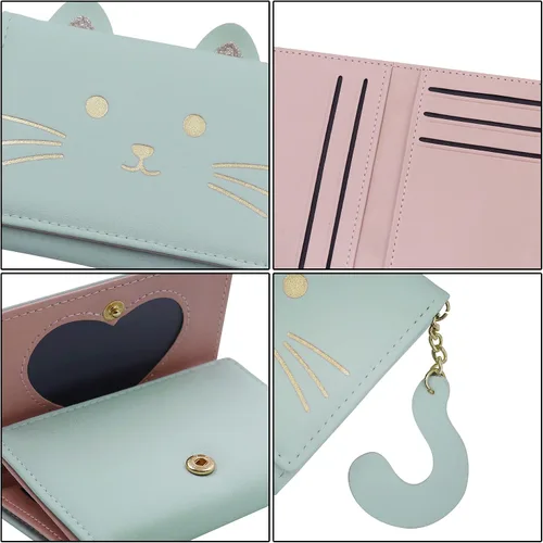 Vista 5 de Eilova Orityle Bonita cartera de gato para niñas y adolescentes, niños y mujeres, delgada de tres pliegues, tarjetero organizador con colgante