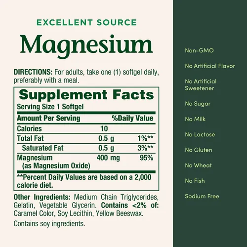Vista 6 de Nature's Bounty Magnesio 400 mg en cápsulas blandas, Apoyo para todo el cuerpo, Suplementos de magnesio para hombres y mujeres, salud del corazón