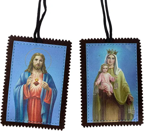 Vista 3 de Our Lady of Mt. Carmel and Sagred Heart - Collar católico de escápulos gigantes católicos para hombres y mujeres con bordes festoneados, paneles