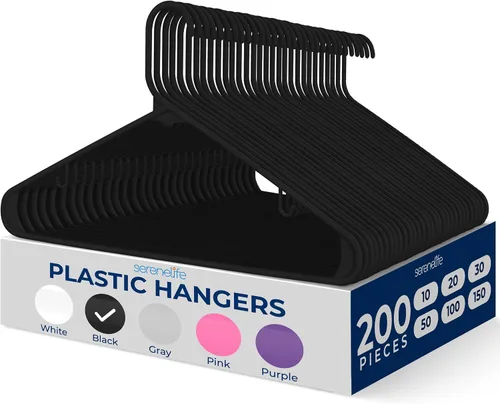 Vista 12 de SereneLife - Juego de 10 perchas de plástico con gancho de metal, color negro Non-Slip, Lightweight hangers with a slim profile help keep closets