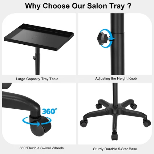 Vista 4 de Bandeja de salón Carrito de metal premium para tatuajes, carrito rodante de altura ajustable, carrito de almacenamiento para clínica Spa bandeja