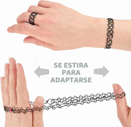 Vista 3 de EXPRESSIONS Colección de Joyería Elástica para Tatuajes de 3 Piezas Surtidas - Conjunto de Collar Gargantilla de Tatuaje, Pulsera y Anillo