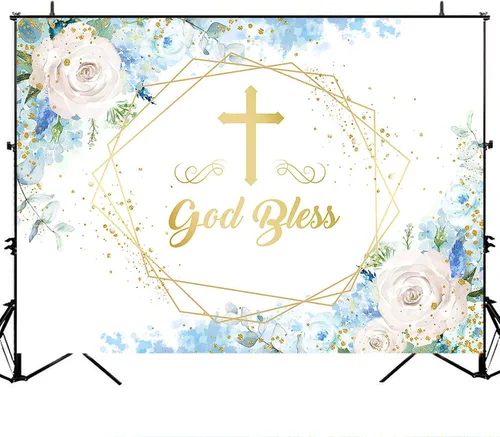 Vista 5 de Avezano Telón de fondo azul con texto en inglés "Boy God Bles", fondo floral azul para baby shower, para primera comunión, decoración de baby shower