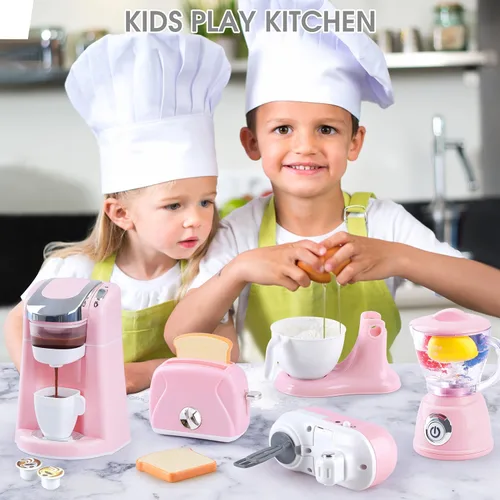 Vista 2 de Juegos de cocina para niños, accesorios de cocina para niños de 4 a 8 años, juguetes de electrodomésticos de cocina, licuadora, cafetera