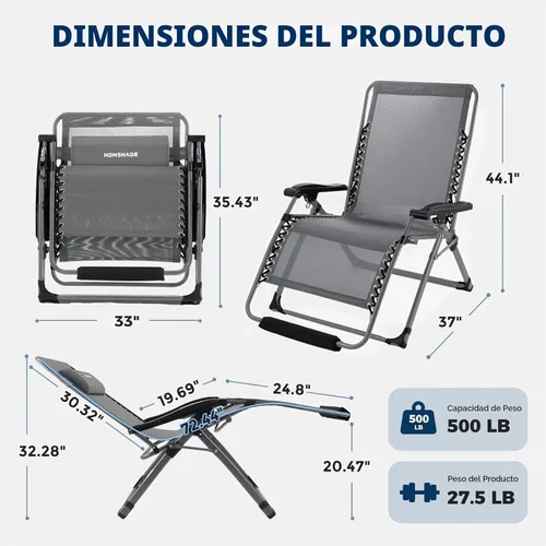 Vista 2 de HOMSHADE Silla de gravedad cero de gran tamaño XXL de 33 pulgadas, soporta Gris