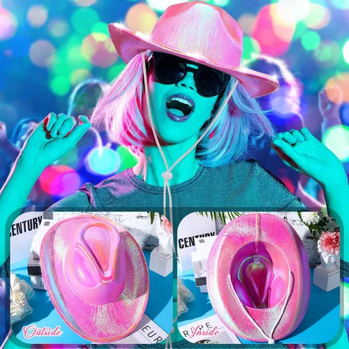 Vista 6 de Geyoga 6 piezas de sombrero de vaquero holográfico rosa para mujer, sombrero metálico para rave, sombrero de vaquero brillante, accesorios de fiesta