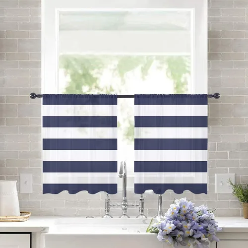 Vista 2 de Cortinas transparentes de rayas azules y blancas de 45 pulgadas de largo, juego de 2 paneles de cortinas semitransparentes con bolsillo para barra