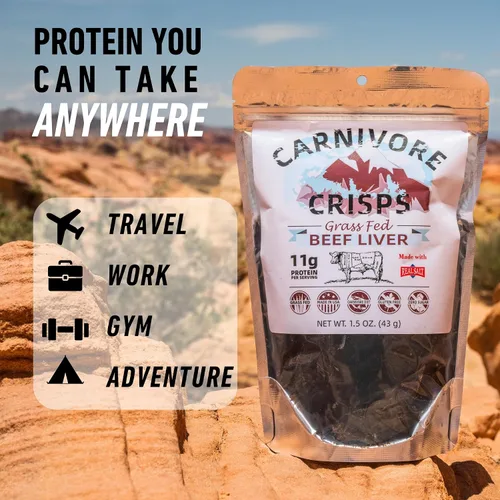 Vista 5 de Carnívore Crisps, patatas fritas de hígado de res alimentadas con pasto y terminadas, con alto contenido de proteínas, aprobadas para dieta