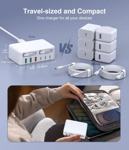 Vista 7 de Bloque de Carga USB C Retráctil 8-en-1 Mejorado, Hub de Estación de Carga Múltiple GaN de 120W con Cable Lightning y Tipo C, Enchufe de Tira