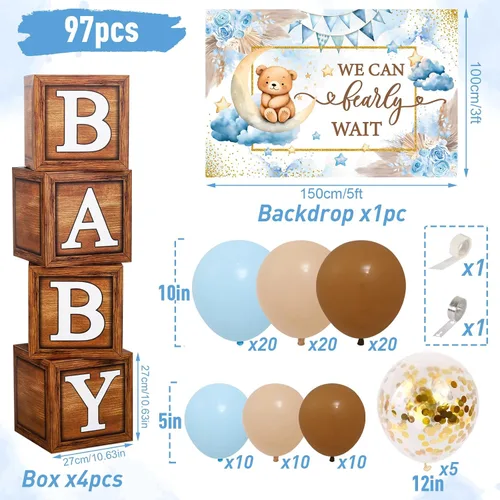 Vista 4 de DataMoon Decoraciones de Baby Shower "We Can Bearly Wait" - Cajas para bebé con letras, Globos Boho, Telón de fondo "We Can Bearly Wait" para Baby