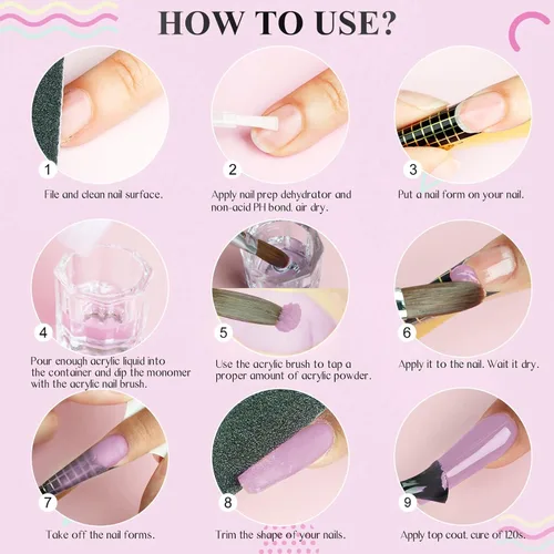 Vista 6 de Saviland Kit de iniciación de uñas acrílicas: polvo y líquido acrílico rosa claro nude, cepillo, limas, formularios, uñas a presión, juego