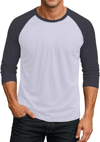 Vista 19 de Camiseta de béisbol raglán para hombre, manga larga, cuello redondo, tela ligera que absorbe la humedad para uso casual
