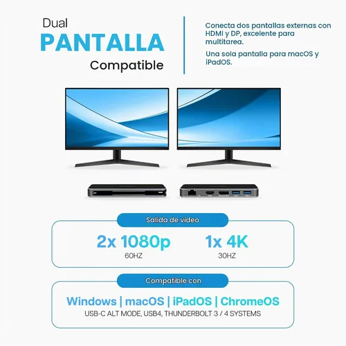 Vista 7 de VisionTek VT350 Hub portátil USB-C para monitor dual, 1 DP, 1 HDMI, 2 USB-A