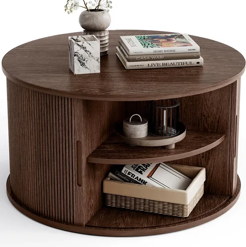 Vista 12 de LINSY HOME - Mesa de centro redonda, mesa de centro de 31.5" con puerta de tambor deslizante, mesa auxiliar acampanada con almacenamiento, mesa