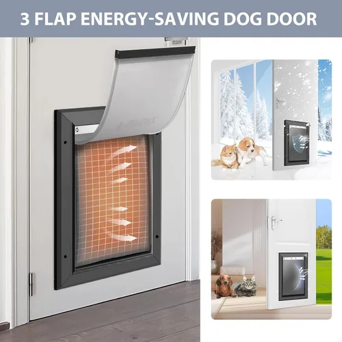 Vista 4 de [Petoasis] Puerta para perros de servicio pesado de 3 solapas, marco de aleación de aluminio a prueba de óxido, puerta para perros de clima extremo