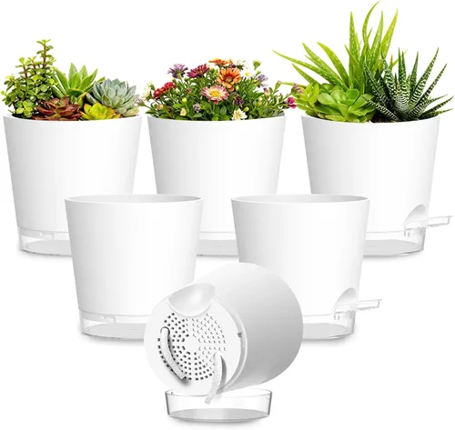 Vista 10 de Macetas de riego automático de 4 pulgadas, paquete de 6 macetas de plástico con agujeros de drenaje y platillos transparentes, macetas de plástico