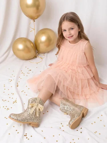 Vista 3 de Coutgo Botas vaqueras para niñas, botas de tacón bajo con purpurina, botas Dorado