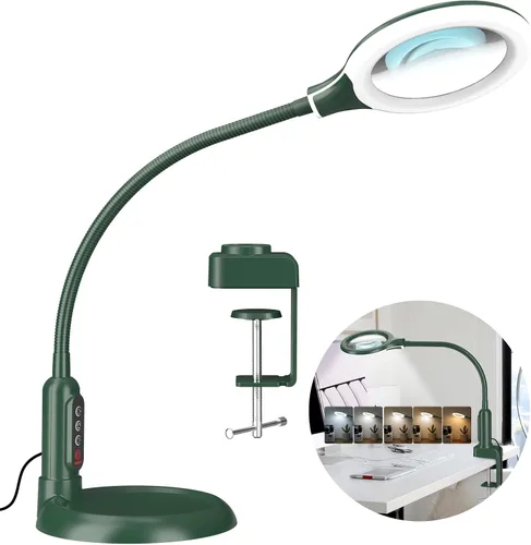 Vista 12 de Lupa 10X con luz y abrazadera, 5 modos de color, lupa iluminada regulable sin escalones con soporte, lámpara de escritorio LED de cuello de cisne