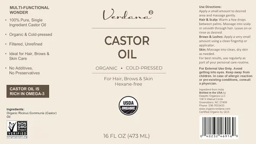 Vista 2 de Verdana Aceite de ricino orgánico, prensado en frío y sin hexano, para el cuidado del cabello y el cuero cabelludo, pestañas, cejas e hidratación