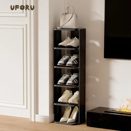 Vista 2 de UFORU - Zapatero pequeño, organizador de zapatos vertical de 5 niveles de plástico para espacios pequeños y estrechos, organizador de zapatos Negro
